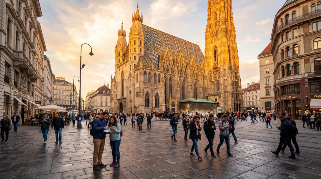 tourists using smartphones with esim mobile internet near st stephens cathedral in vienna