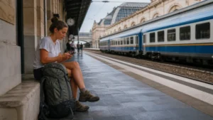 Backpacker using a smartphone on a European intercity railway platform.