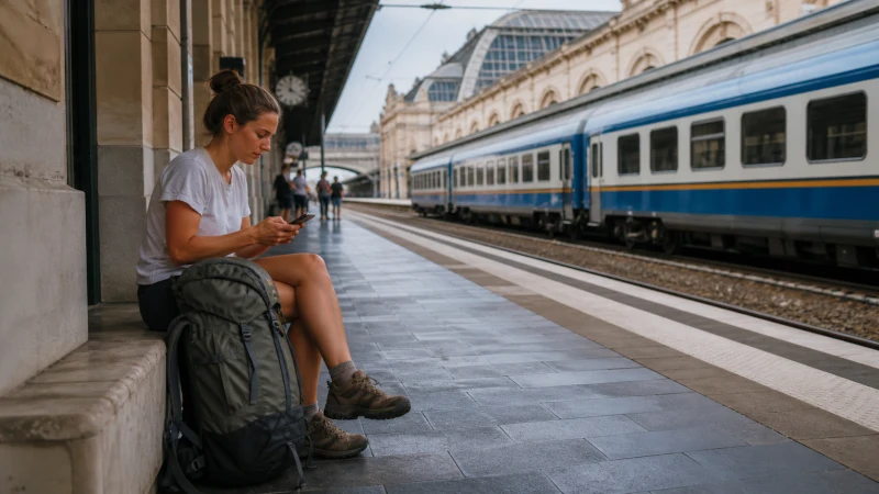 Backpacker using a smartphone on a European intercity railway platform.