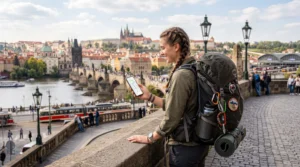 Backpacker using mobile data with eSIM while traveling across multiple European countries