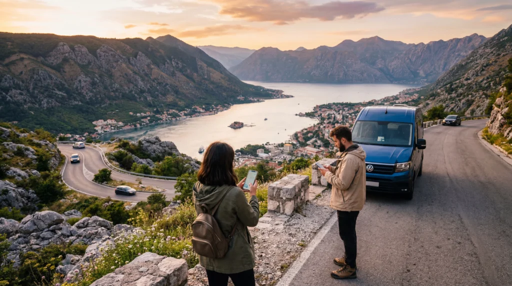 tourists using smartphones with esim mobile internet traveling across balkans countries