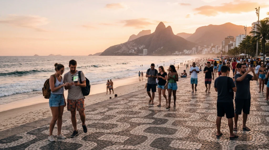 tourists using smartphones with esim mobile internet on copacabana beach rio de janeiro brazil