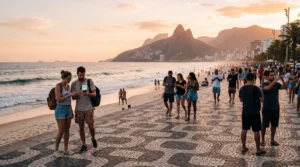 tourists using smartphones with esim mobile internet on copacabana beach rio de janeiro brazil