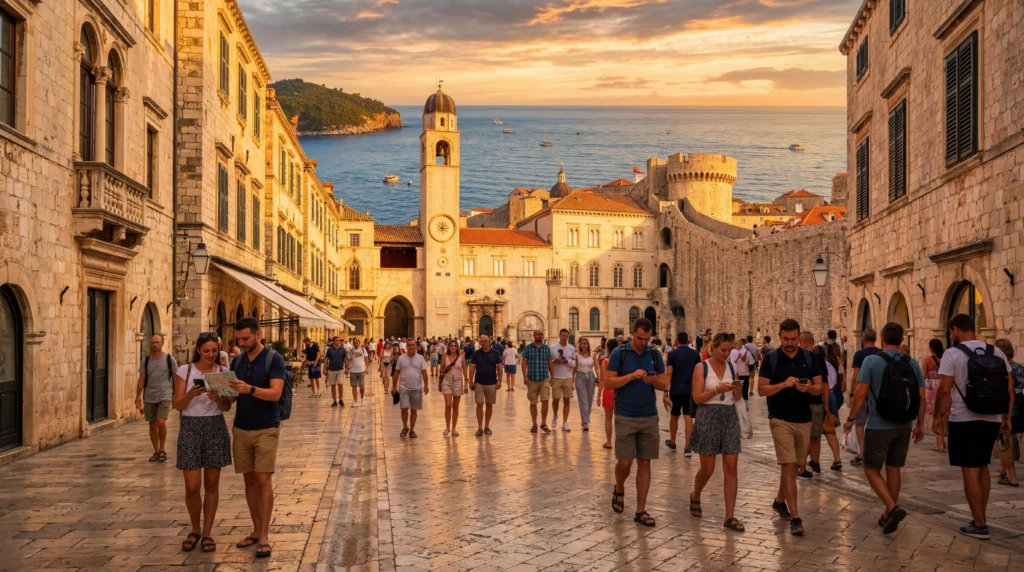 tourists using smartphones with esim mobile internet in dubrovnik old town croatia