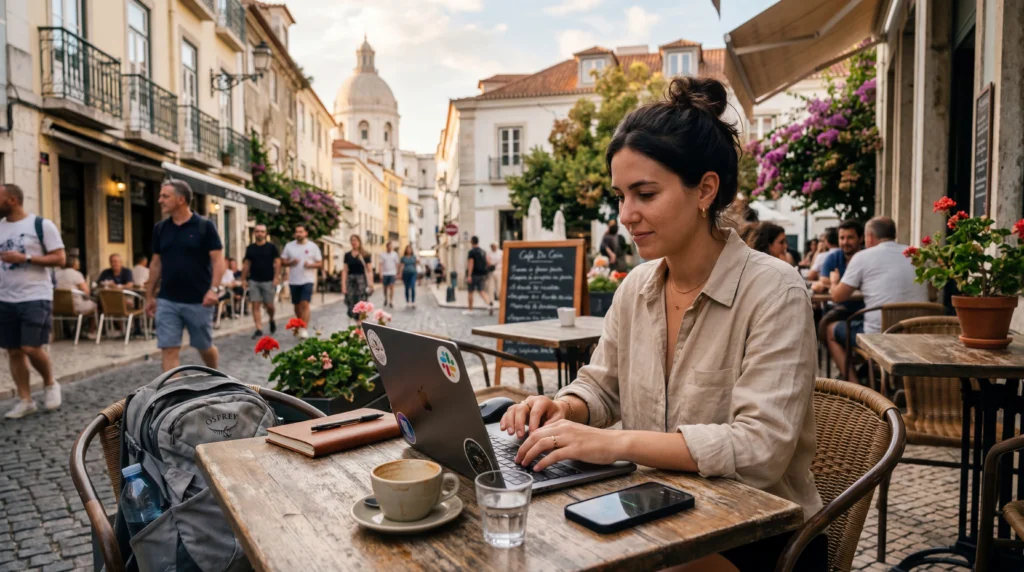 digital nomad working remotely in europe using laptop and esim internet