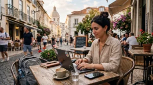 digital nomad working remotely in europe using laptop and esim internet