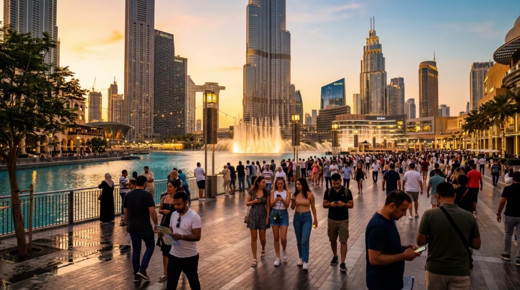 tourists using smartphones with esim mobile internet near burj khalifa dubai