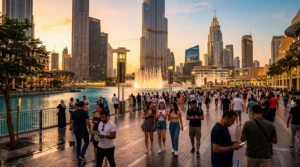 tourists using smartphones with esim mobile internet near burj khalifa dubai