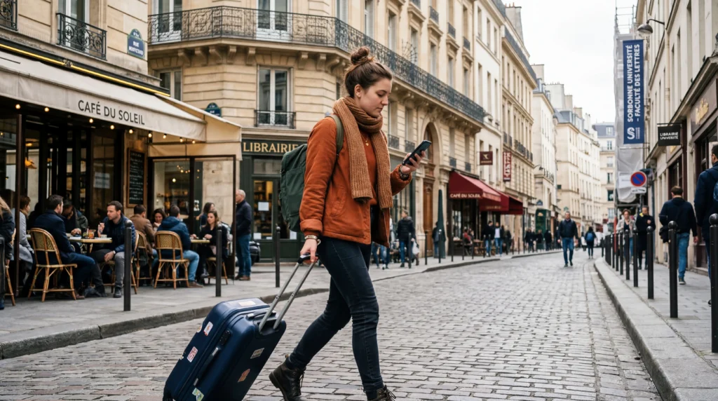erasmus student using esim mobile internet in a european city