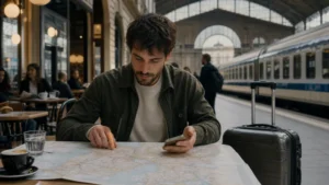 Traveller planning a multi-country Europe journey at a railway café.