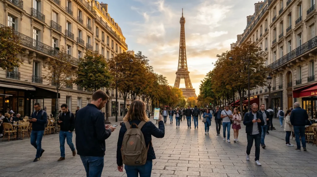 tourists using esim mobile internet while traveling across europe