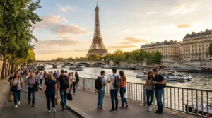 tourists using smartphones with esim mobile internet near the eiffel tower in paris