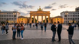 tourists using smartphones with esim mobile internet near brandenburg gate in berlin