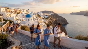 tourists using smartphones with esim mobile internet in santorini greece