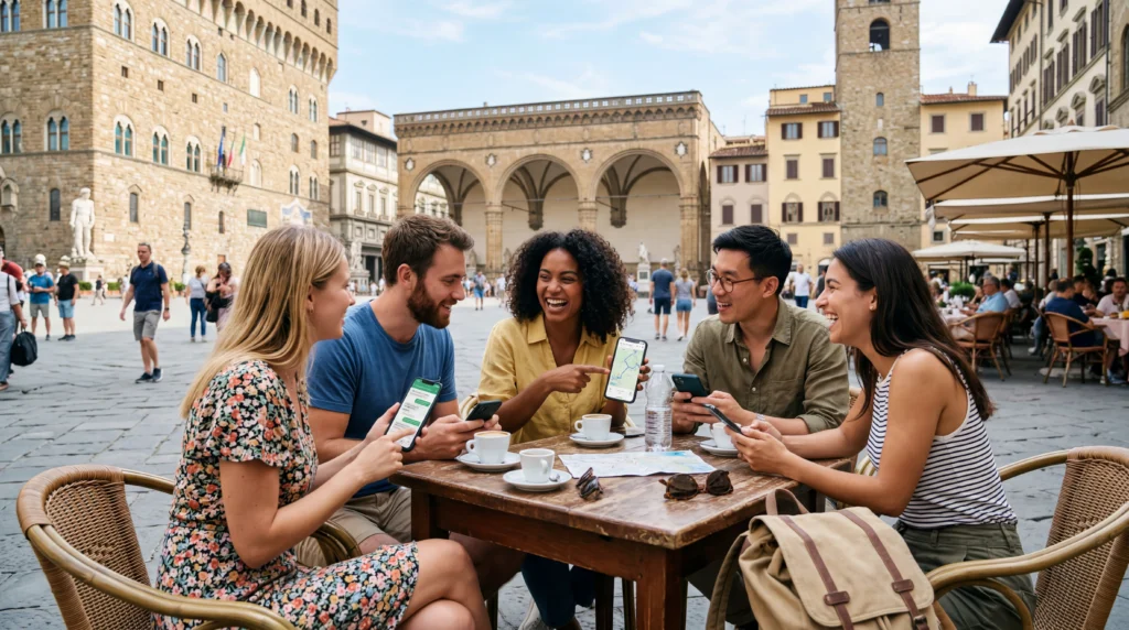 Group of travelers using smartphones with mobile data during a trip together with eSIM connectivity