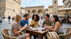 Group of travelers using smartphones with mobile data during a trip together with eSIM connectivity