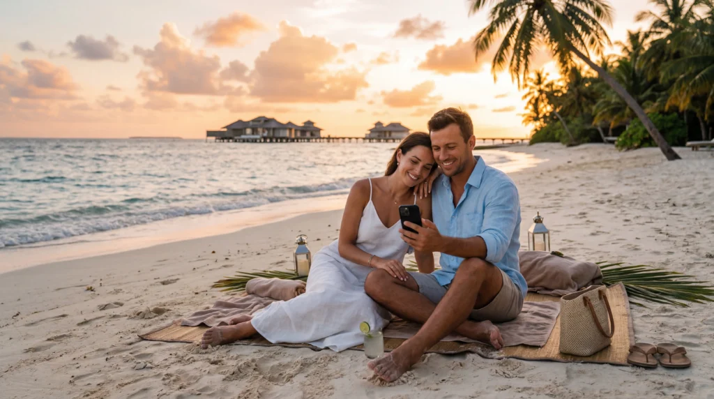 couple using esim mobile internet on honeymoon beach sunset