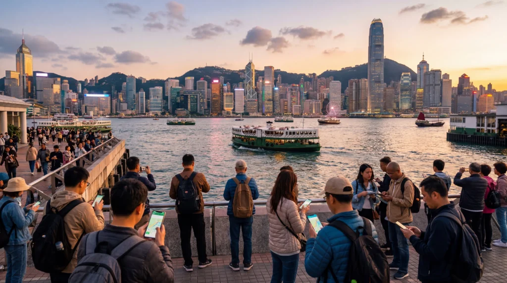 tourists using smartphones with esim mobile internet overlooking victoria harbour hong kong