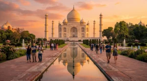 tourists using smartphones with esim mobile internet near taj mahal india
