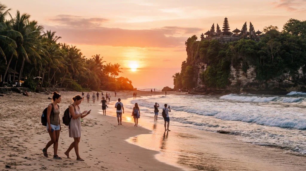 tourists using smartphones with esim mobile internet on beach in bali indonesia