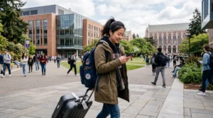 international student using esim mobile internet on a university campus in the usa