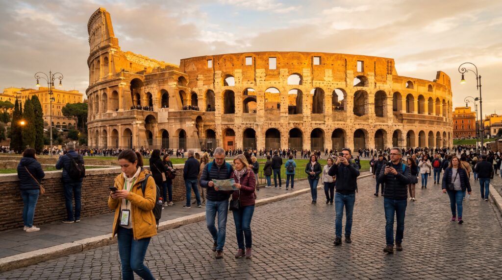 tourists using smartphones with esim mobile internet near the colosseum in rome