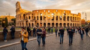 tourists using smartphones with esim mobile internet near the colosseum in rome