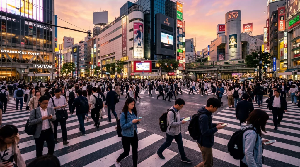 tourists using smartphones with esim mobile internet in tokyo shibuya crossing