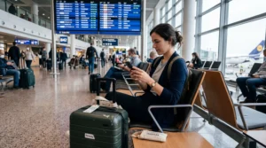 traveler activating esim on smartphone at airport before last minute flight