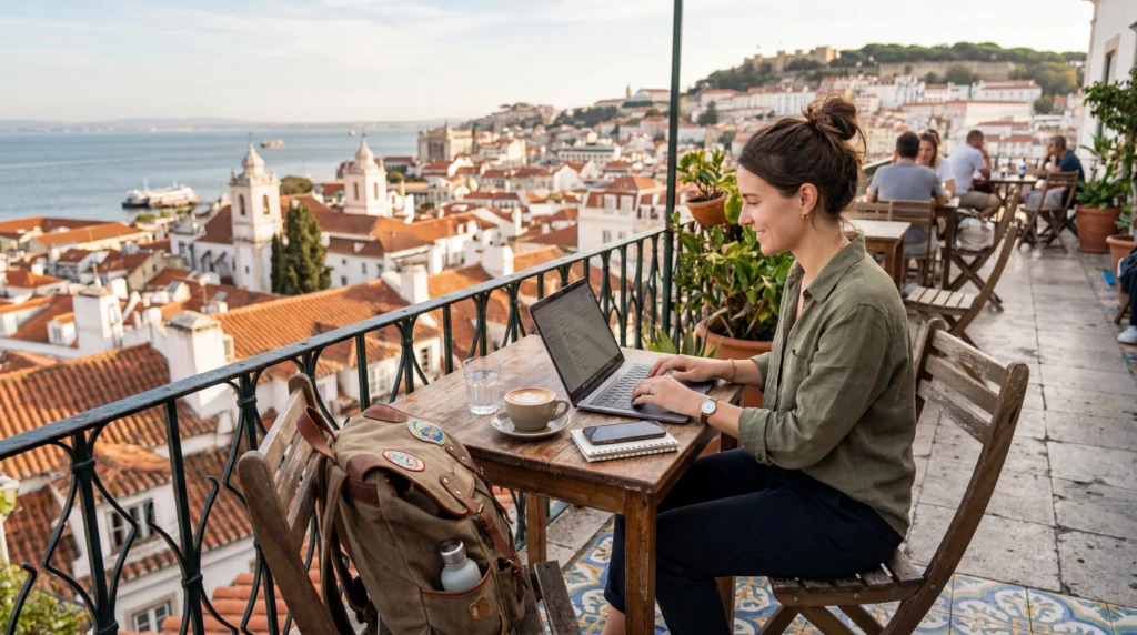 Traveler using mobile data with eSIM during a long-term travel journey across multiple destinations