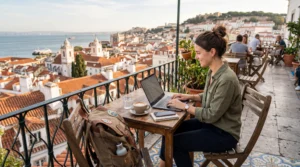 Traveler using mobile data with eSIM during a long-term travel journey across multiple destinations