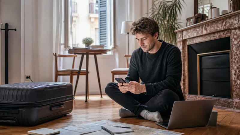 Long-term traveller planning connectivity in a European apartment.