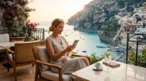 luxury traveler using esim mobile internet at five star seaside resort
