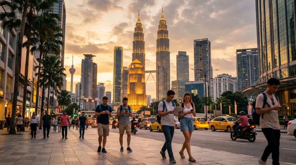 tourists using smartphones with esim mobile internet near petronas towers kuala lumpur