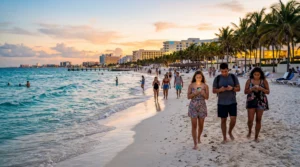 tourists using smartphones with esim mobile internet on beach in cancun mexico