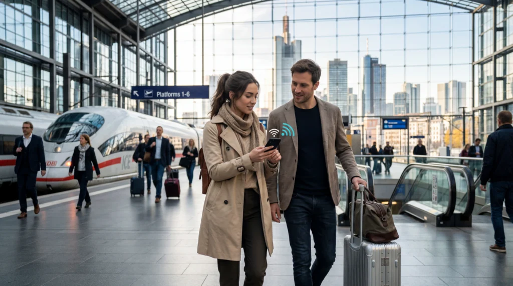 Travelers using mobile data and navigation apps while moving between cities during a multi-city trip