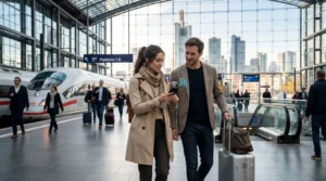 Travelers using mobile data and navigation apps while moving between cities during a multi-city trip