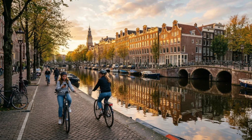tourists using smartphones with esim mobile internet along canals in amsterdam