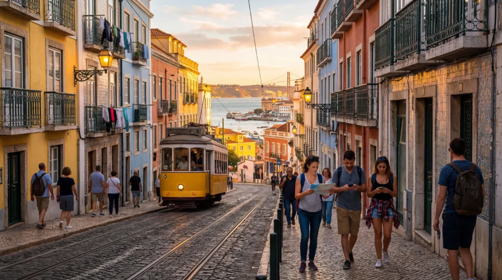 tourists using smartphones with esim mobile internet in lisbon portugal