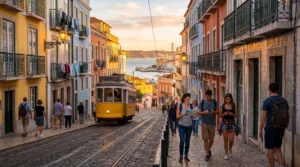 tourists using smartphones with esim mobile internet in lisbon portugal