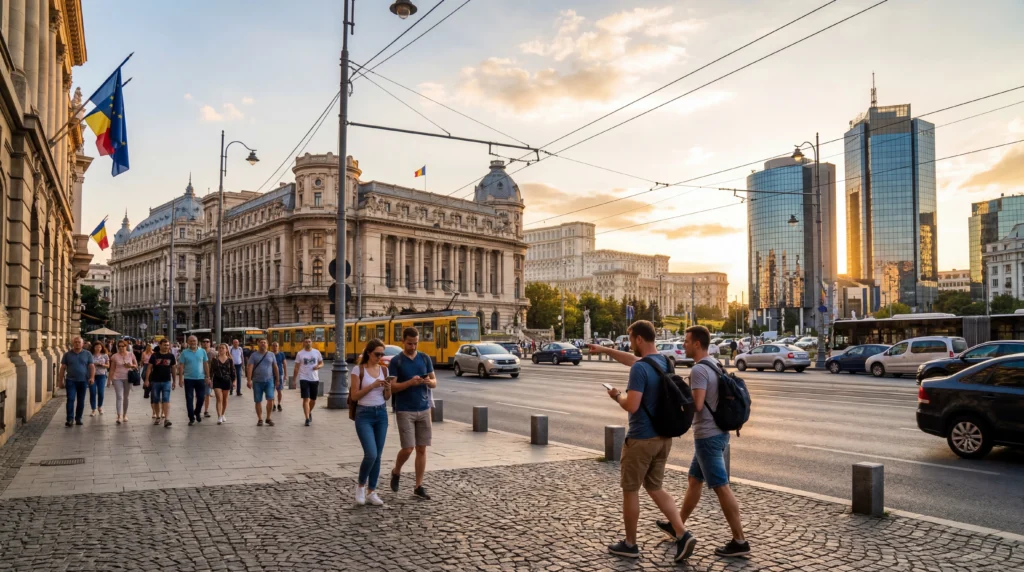 tourists using esim mobile internet in bucharest romania city