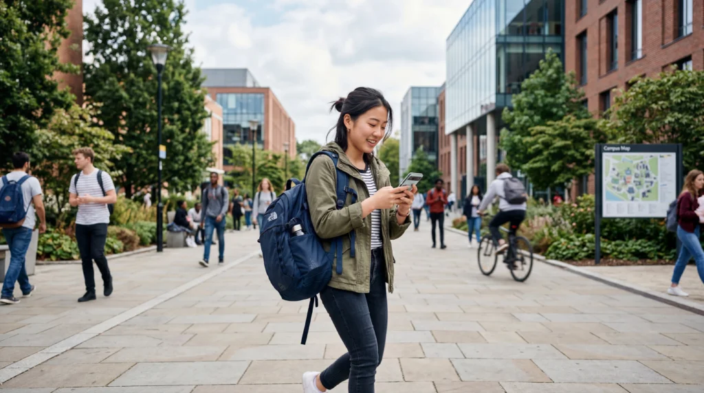 student using esim mobile internet during semester abroad near university campus
