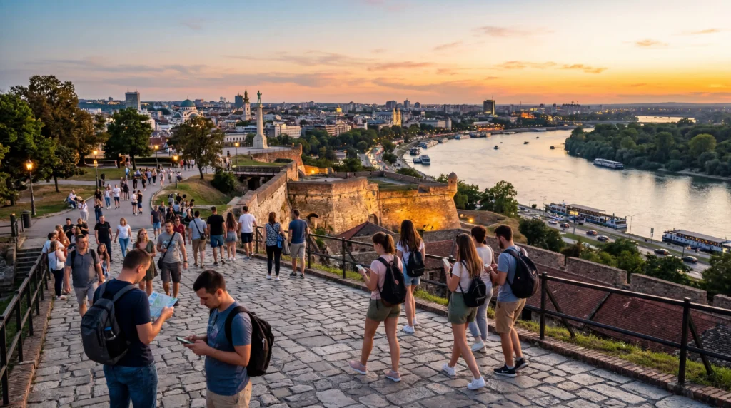 tourists using esim mobile internet in belgrade serbia city