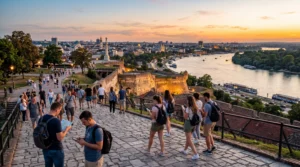 tourists using esim mobile internet in belgrade serbia city