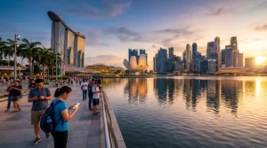 tourists using smartphones with esim mobile internet near marina bay sands singapore