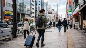 solo traveler using esim mobile internet while navigating in a foreign city