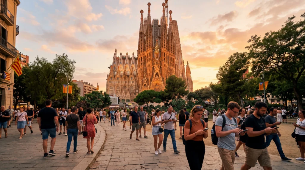 tourists using smartphones with esim mobile internet near sagrada familia in barcelona