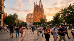 tourists using smartphones with esim mobile internet near sagrada familia in barcelona