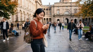 student using esim mobile internet while studying abroad in a foreign city