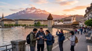 tourists using smartphones with esim mobile internet near lake lucerne in switzerland
